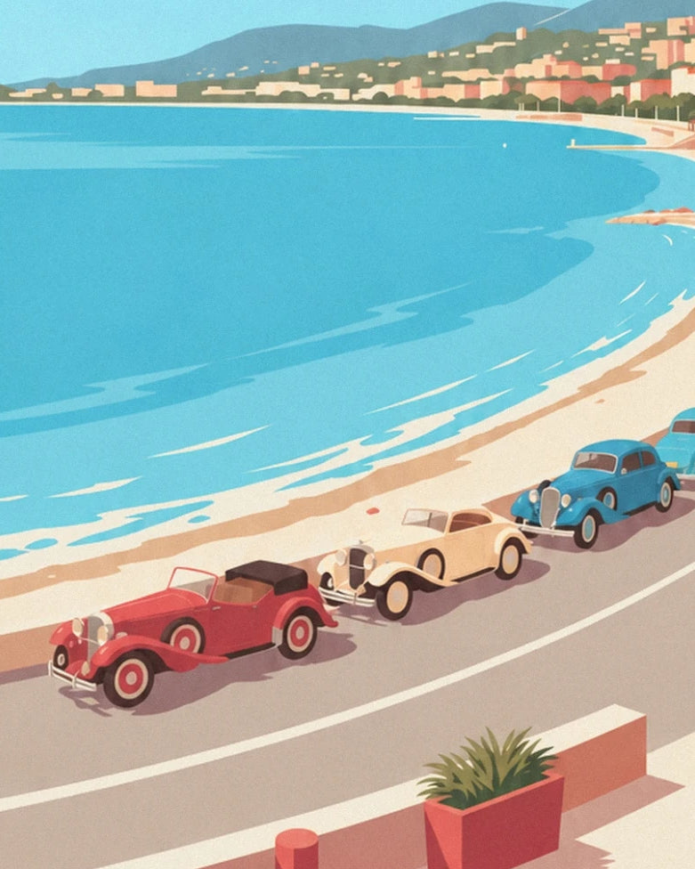 The red, cream and blue vintage cars along the bay of Nice