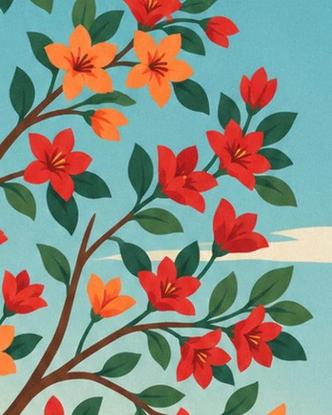 Branches of red and orange flowers with yellow centres, surrounded by dark green leaves against a blue sky