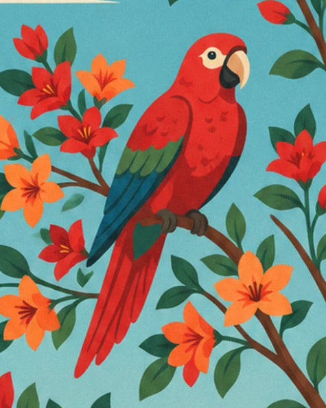 The red macaw with green and blue wings on its branch, surrounded by orange flowers
