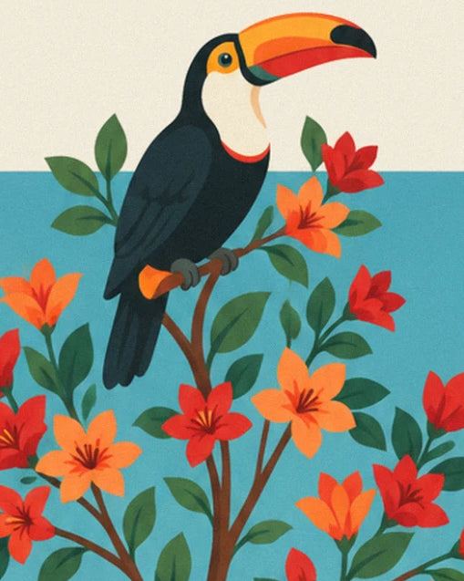 The toucan with its large orange beak perched on a flowering branch, with the sea behind