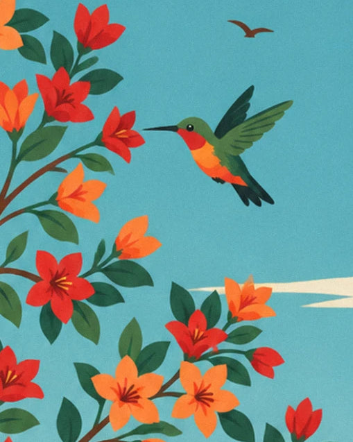 The hummingbird with green wings in flight, near red and orange flowers