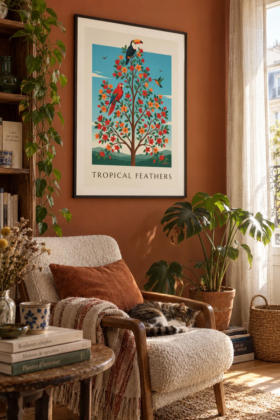 Ornithological plate poster with toucan, parrot and hummingbird: framed on the wall