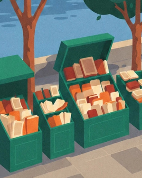 The cream and orange books in the open green boxes beside the Seine