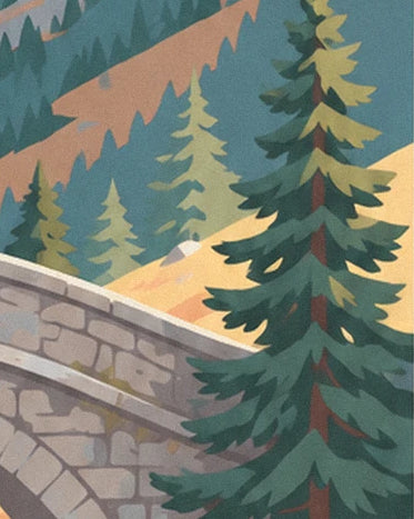 The dark green fir trees in front of a stone bridge on the mountain slopes