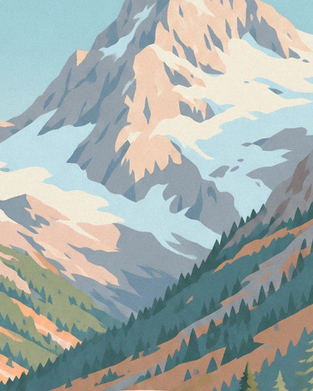 The rocky peaks in shades of peach and blue-grey above the wooded slopes