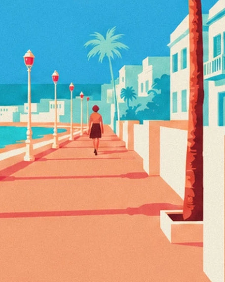A woman seen from behind, walking between the lamp posts, palm trees and white façades