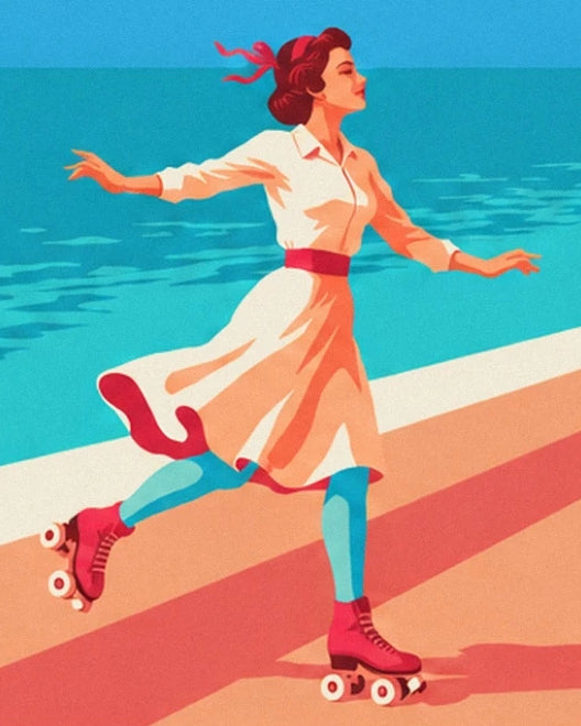 The skater in a cream dress, red belt and pink skates facing the turquoise sea