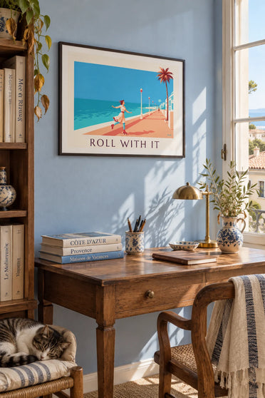 Poster of a pin-up on roller skates on a seaside promenade: framed on the wall