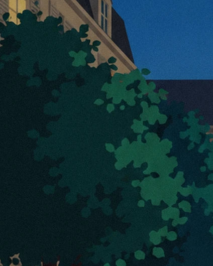 The dark green foliage of the trees in front of the Parisian rooftops and blue night sky