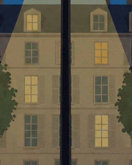The lit windows of a Parisian façade behind a black street lamp