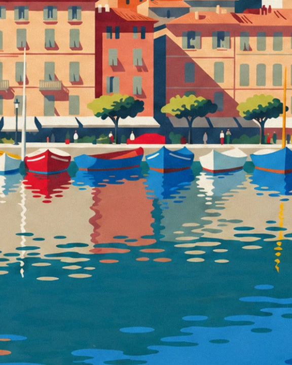 Red and blue boats reflected in the turquoise harbour water