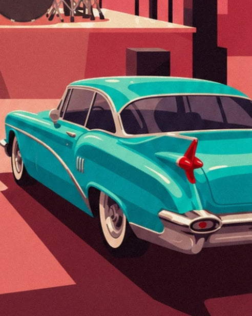 The turquoise car with tail fins, gleaming chrome and whitewall tyres