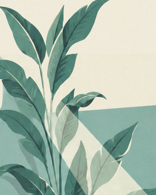A plant's large deep green leaves, lit by a beam of light