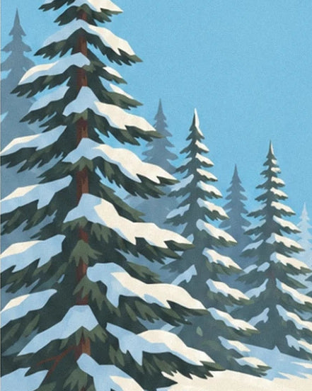 The fir trees with snow-covered branches beneath the blue sky