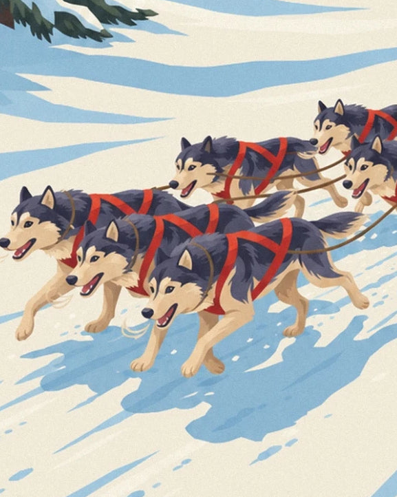 The sled dogs in red harnesses racing across the blue-tinted snow