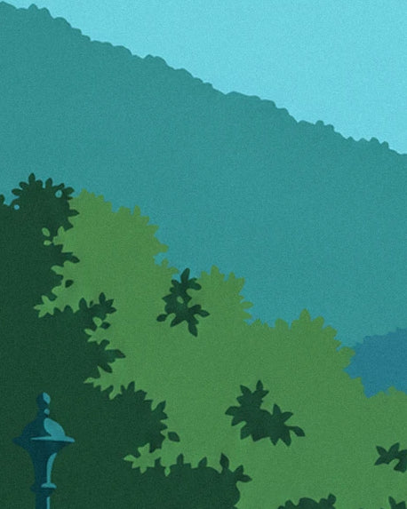 Blue-green hills above green foliage, with a small street lamp below