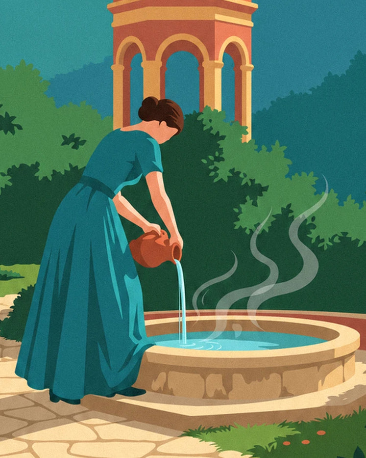 The woman in a turquoise dress pouring steaming water from a jug into the stone basin