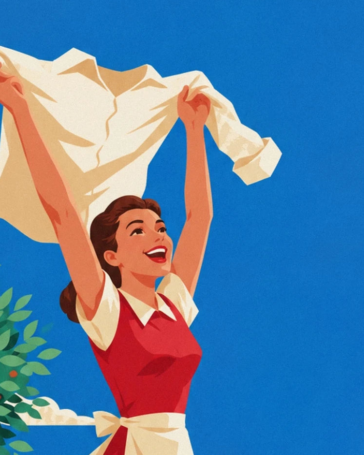 The woman in a red dress holding up her white shirt, smiling broadly against a blue background