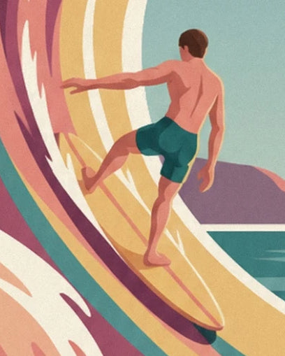 The surfer seen from behind in turquoise shorts on his yellow board, in the hollow of the wave