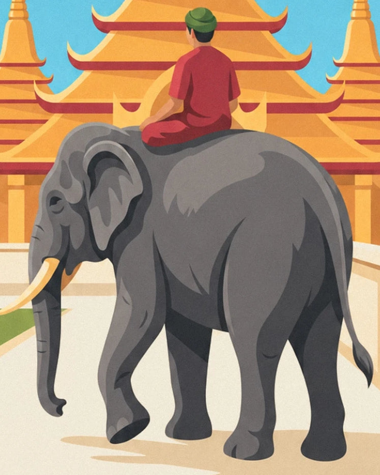 Un éléphant gris et son cavalier en rouge devant les pagodes dorées de Thaïlande