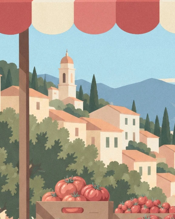 The village with orange roofs and its bell tower behind the stall beneath the scalloped awning