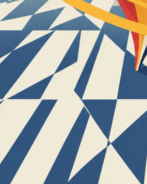 A broken blue and cream chequerboard beneath the tip of the colourful spinning top