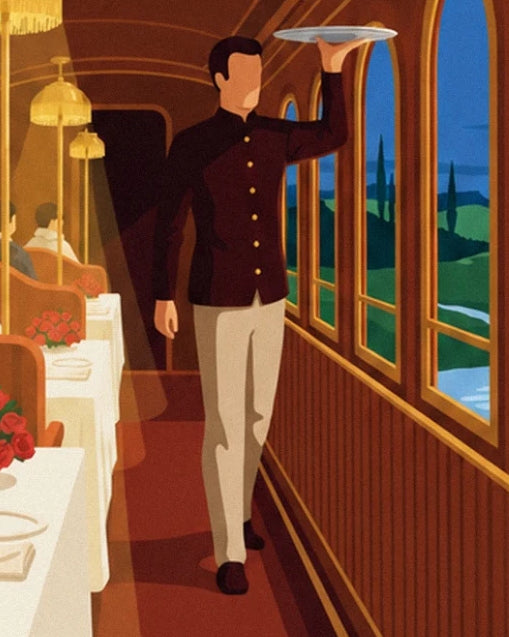 The waiter in a dark jacket, tray raised, between the tables and windows of the dining carriage