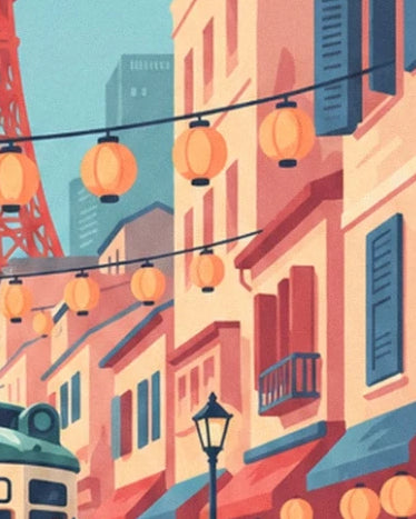 The pink façades with blue shutters, the small balcony and hanging lanterns