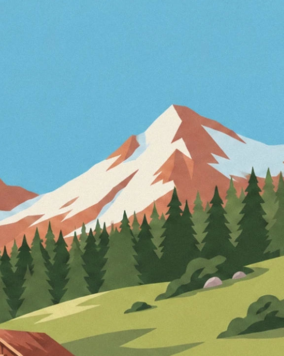 Le sommet alpin enneigé au-dessus des sapins et des prairies vert tendre