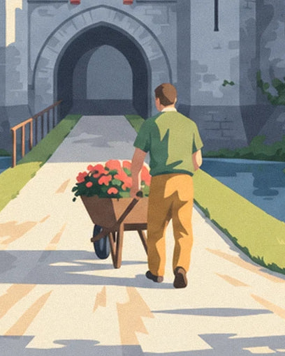 Le jardinier en chemise verte et sa brouette de fleurs rouges, face à la porte voûtée