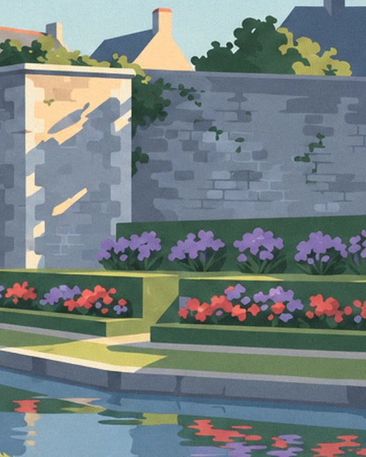Le rempart de pierre grise et ses parterres de fleurs en terrasses, au bord de l'eau