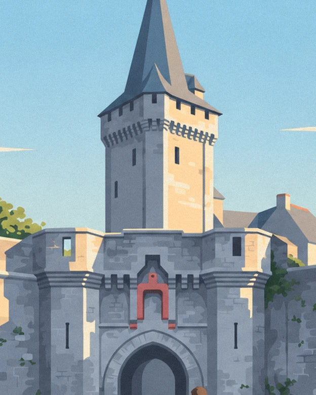 La tour à toit d'ardoise pointu et la porte fortifiée en pierre, sous un ciel bleu