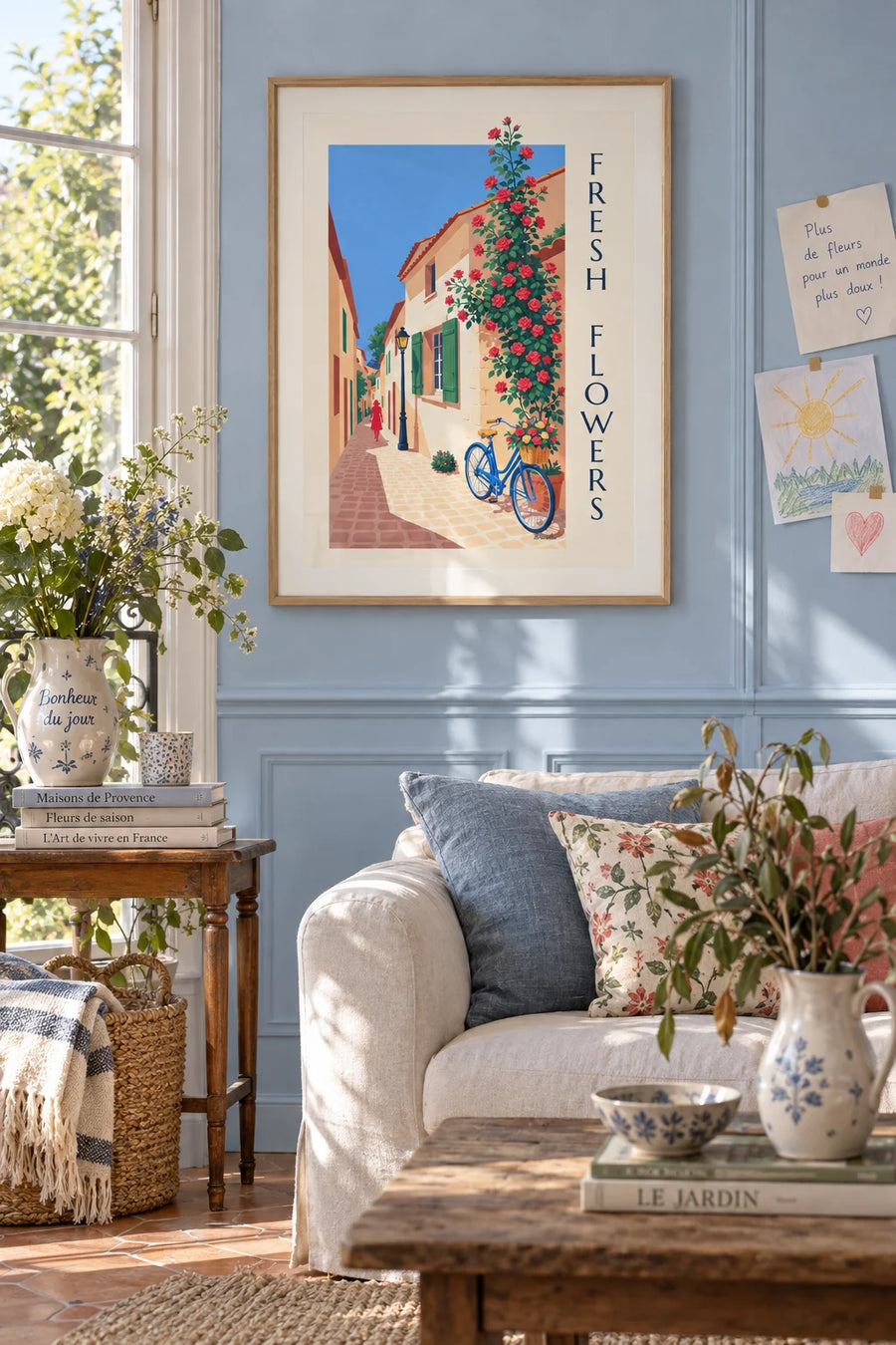 Affiche bicyclette bleue au panier fleuri devant une maison en pierre : encadrée au mur