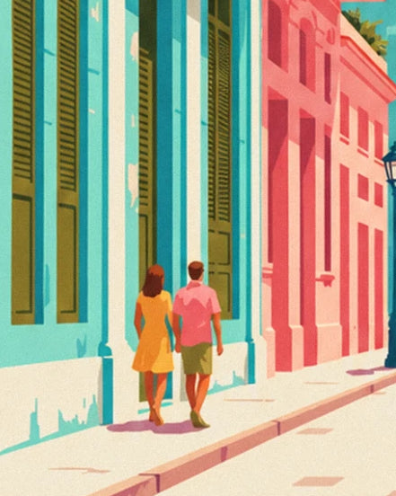 The couple in a yellow dress and pink shirt strolling past the green shutters