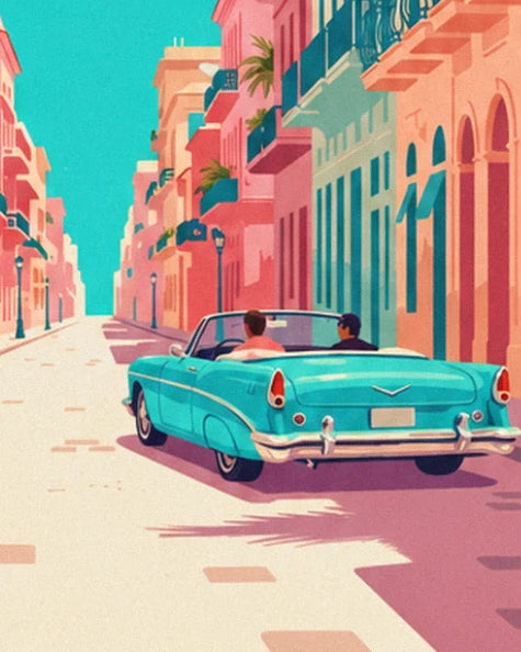 The turquoise convertible and its 2 passengers on a street lined with pink façades
