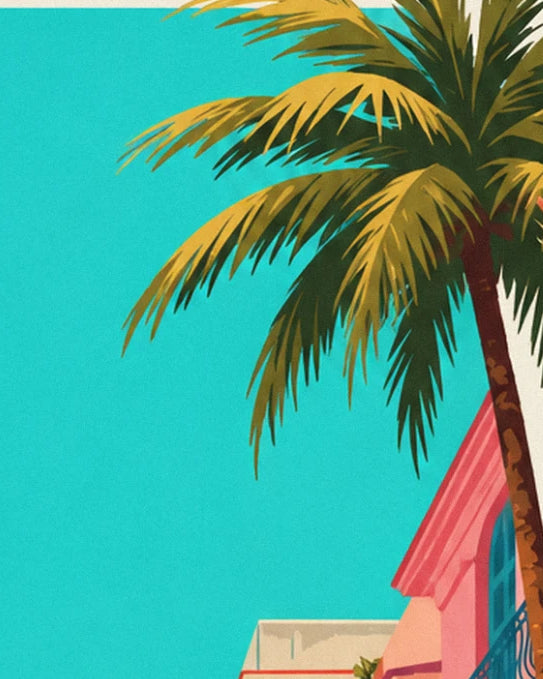 A palm tree with golden fronds standing out against the turquoise sky