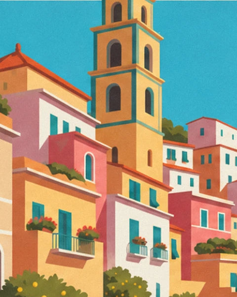 The yellow and turquoise bell tower overlooking pink and ochre houses with flower-filled balconies