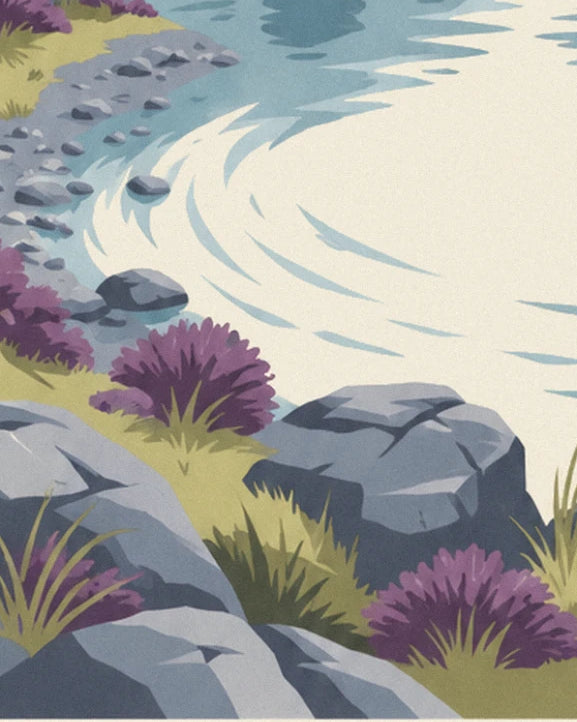Les rochers gris et les touffes de bruyère violette au bord de l'eau bleue