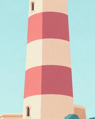 The lighthouse with broad red and cream stripes and small arched windows