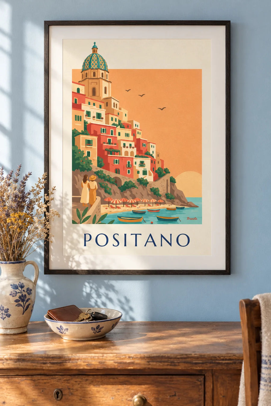 Affiche maisons en cascade et coupole de l'église de Positano : encadrée au mur