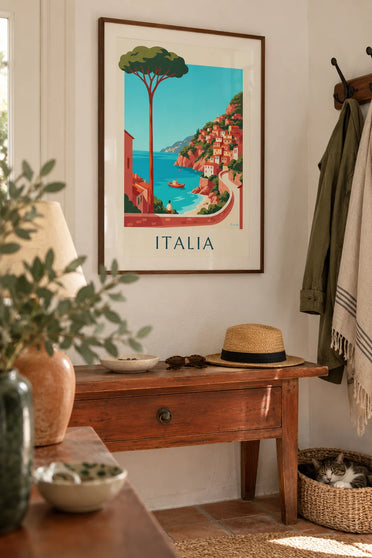 Poster of the Italian coast with pastel villages on the cliffs: framed on the wall