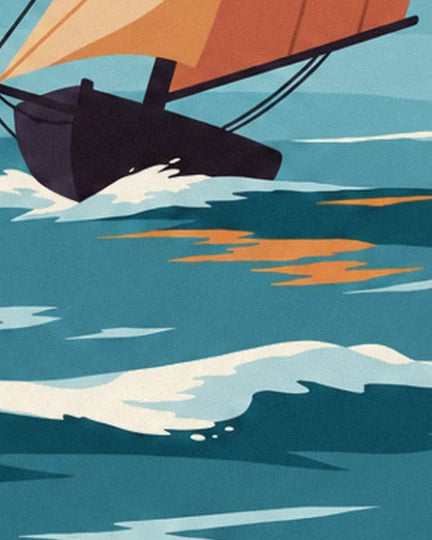 The black hull cutting through the waves, with white foam and orange reflections on turquoise water
