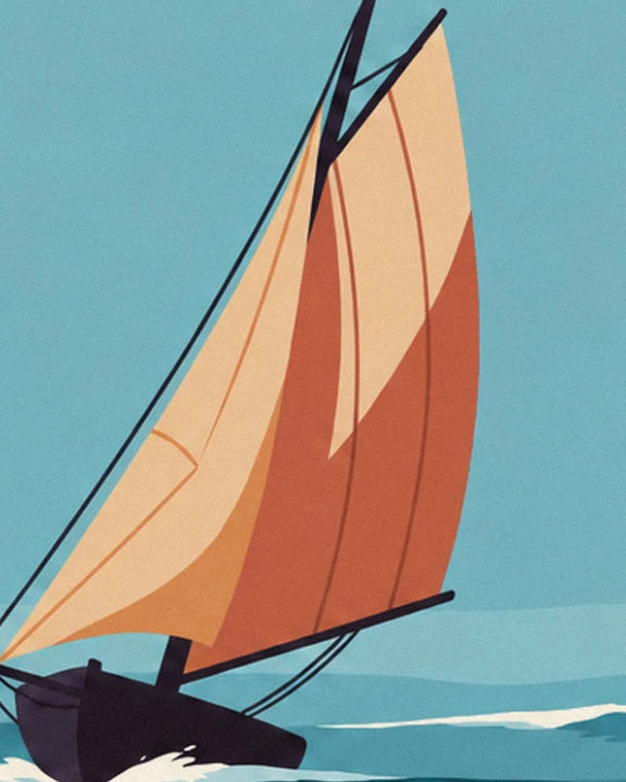 The sailing boat's beige and orange sails billowing in the wind above the dark hull