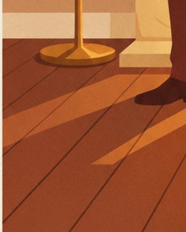 The golden furniture leg, the man's dark shoe and the parquet floor crossed by orange light