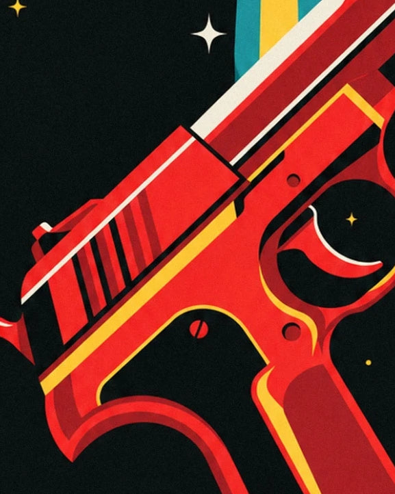 The red laser gun outlined in yellow, with its trigger and grip