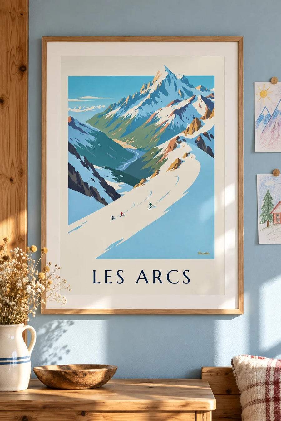 Juliste Les Arcsista, Mont Blancista ja Aiguille Rougen rinteestä : kehystettynä seinällä