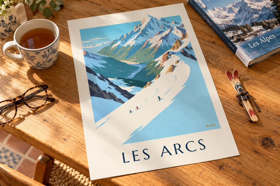 Juliste Les Arcsista, Mont Blancista ja Aiguille Rougen rinteestä : pöydällä