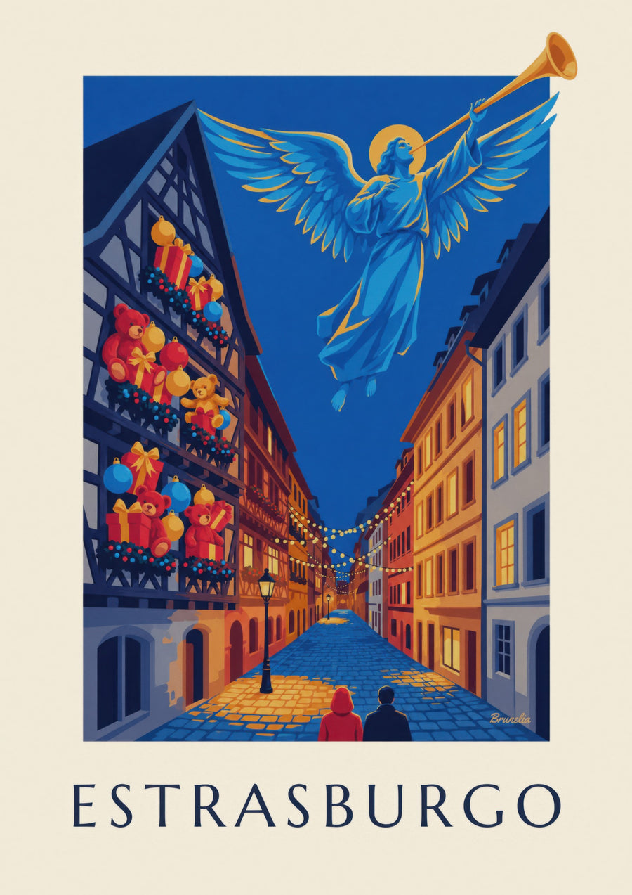 Juliste Strasbourgin joulusta ja valoisasta enkelistä (otsikko STRASBOURG)