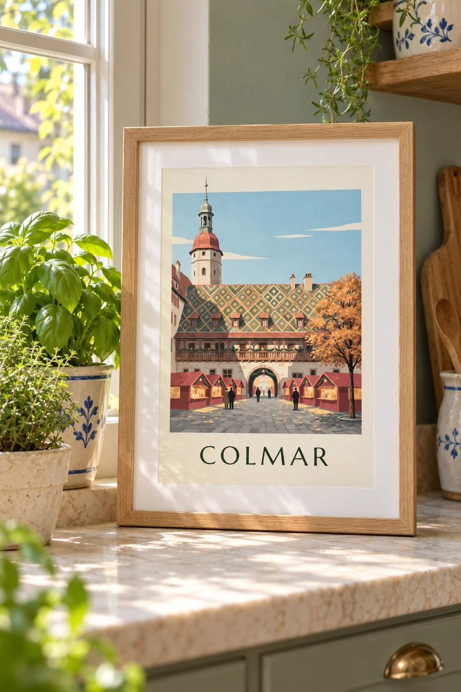 Affiche marché de Noël de Colmar au Koïfhus : petit format A4 encadré