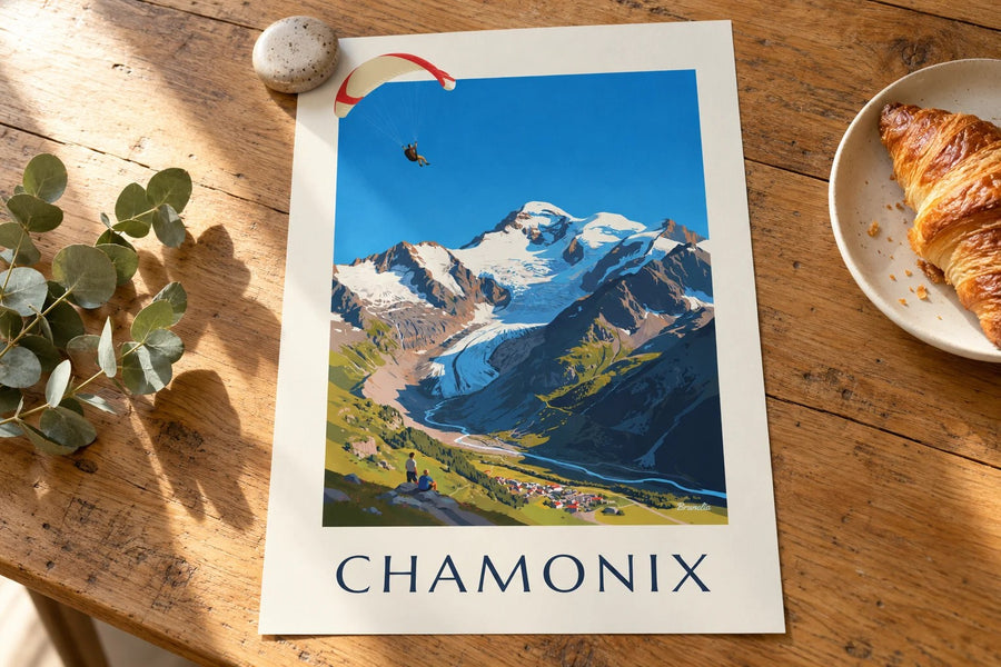 Affiche parapente à Chamonix et Mont-Blanc : posée sur une table